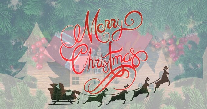 Red script reading Merry Christmas over Santa sleigh silhouette near evergreen branches