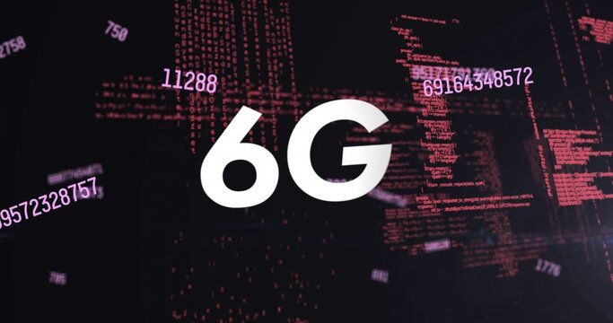 Large white 6G lettering floating over dark background with red code streams, copy space