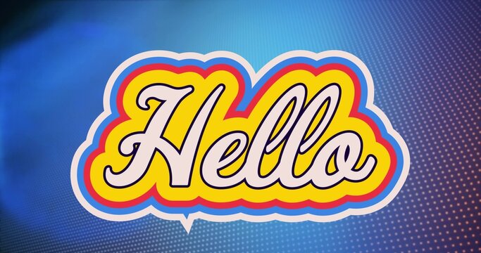 Hello wordmark sitting inside speech bubble with red and blue outlines on dotted blue gradient