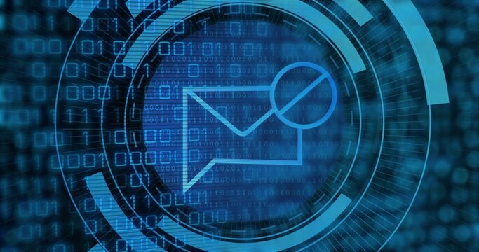 Email envelope icon with diagonal slash sitting inside circular interface featuring binary code
