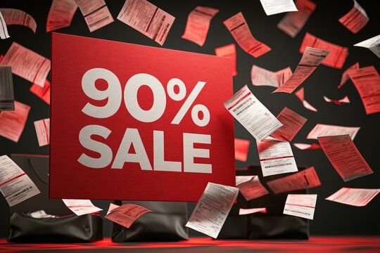 Sale sign with ninety percent discount and falling bills background