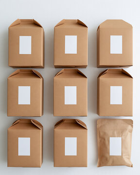 Small business shipping workflow with plain cardboard parcels, reusable mailers, blank labels and recycled paper arranged in tidy rows on a packing table, overhead composition, bright natural light,
