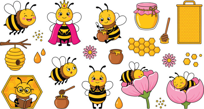 Cute honey bee cartoon character set with honeycomb and hive