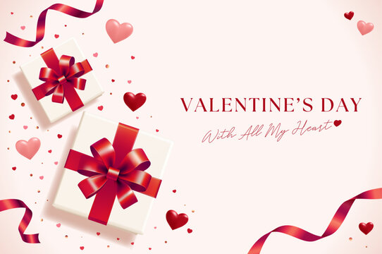 Valentine Day banner background with realistic gift boxes red ribbons and hearts