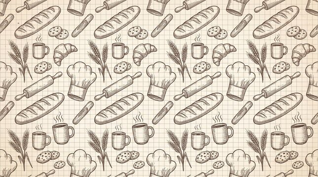 Seamless bakery pattern with bread, coffee, and pastries sketch