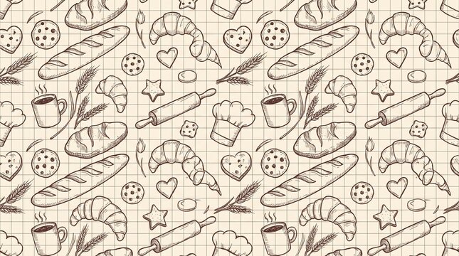 Seamless baking pattern with bread, croissants, cookies, and kitchen tools sketch illustration