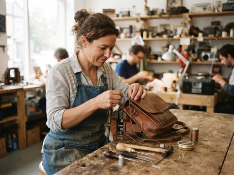 Woman crafting leather bag with needle and thread at workbench in artisan workshop.