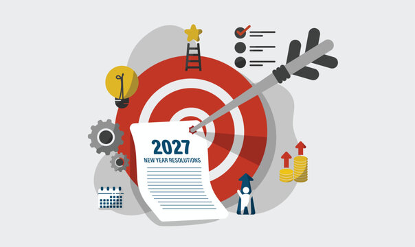 Happy new year business and improvement concept. Year number with goal, plan, action icons for background banner. Planning to development for achievement and success the new year resolution in 2027.