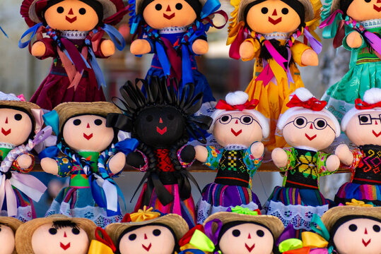 Group of Handmade Rag Dolls at a Mexican Crafts Stall