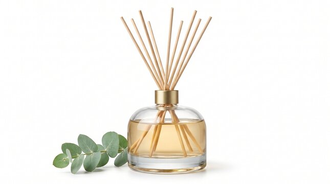 Reed diffuser glass bottle with wooden aroma sticks, natural eucalyptus essential oil fragrance, luxury home fragrance dispenser for spa wellness isolated PNG with Transparent Background