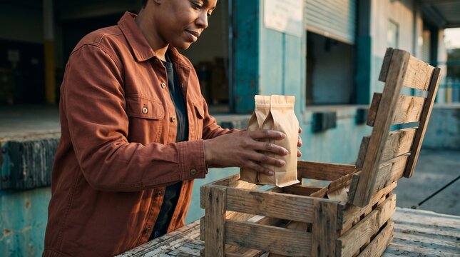 Coffee roastery worker prepares cafe delivery crate