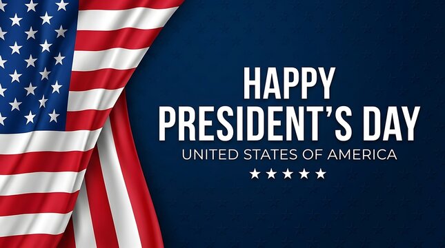Happy Presidents Day text with waving United States flag on dark blue background for patriotic holiday celebration and national event greeting