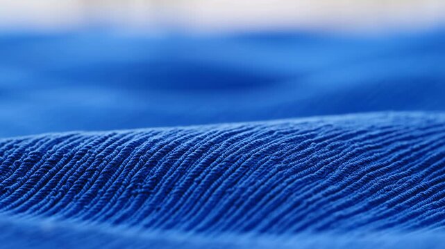 Blue ribbed fabric gently undulates in close-up, revealing fine thread texture and flowing parallel ridges under soft light with shallow focus and blurred folds in background