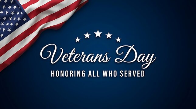 Veterans Day text with American flag and stars on dark blue background for patriotic holiday celebration and military service tribute graphic banner