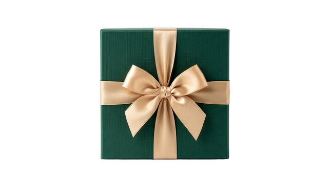 Luxury dark green gift box decorated with champagne gold satin ribbon and elegant bow isolated on transparent background for Christmas, birthday and festive present designs