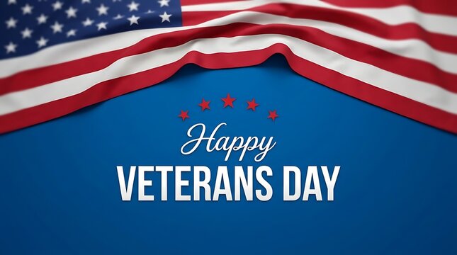 Happy Veterans Day text with waving United States flag on blue background for patriotic holiday celebration and memorial tribute greeting card design