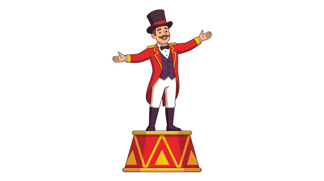 Cheerful ringmaster wearing a colorful top hat smiling brightly while standing on circus pedestal