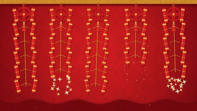 Paper cut firecracker strings swinging with sparks, Chinese New Year seamless loop