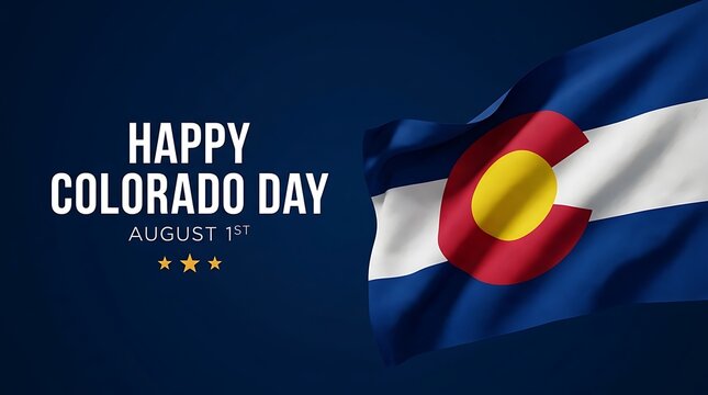 Happy Colorado Day August 1st text with waving state flag on dark blue background for patriotic celebration and regional holiday social media