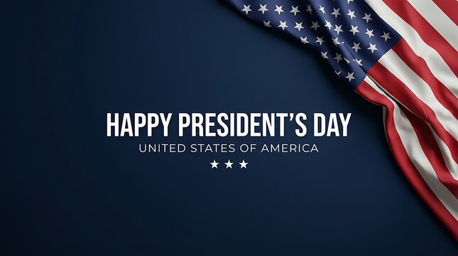 Happy President Day text with United States of America flag draped on dark blue background for patriotic holiday celebration and national event
