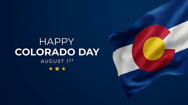 Happy Colorado Day August 1st text with waving state flag on dark blue background for patriotic celebration and regional holiday social media