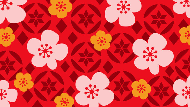 Red Japanese pattern with pink and orange plum blossom flowers