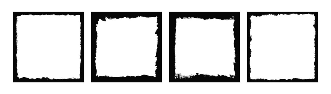 Abstract black grunge border frame set isolated transparent background square distressed edge photo frame overlay vintage dark ink border collection template layout