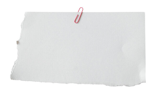 Blank white torn paper note with a pink paper clip and textured surface isolated on transparent background