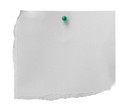 Blank white textured paper with rough torn edges and a green pushpin isolated on transparent background