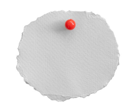 Blank round white textured paper with torn edges and a red pushpin isolated on transparent background