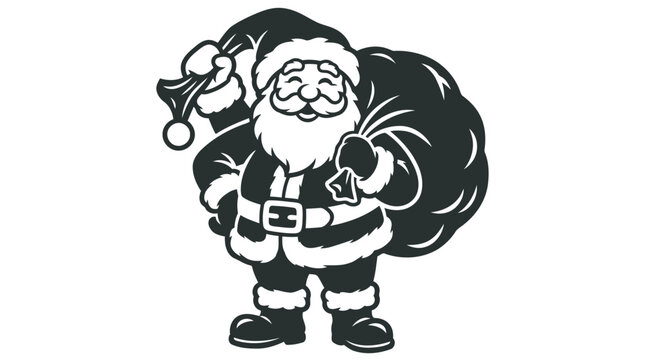 Black and white illustration of santa claus holding a large gift bag over his shoulder