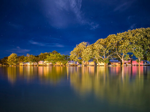 Kampong Ayer water village stilt houses at night in Brunei