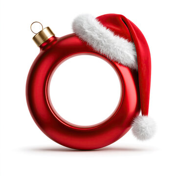 red glossy ring bauble with santa hat isolated on white background