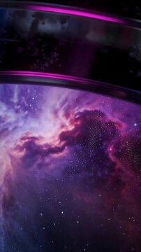 Vertical video: Rotating chrome rim on reframe showing more purple nebula through porthole