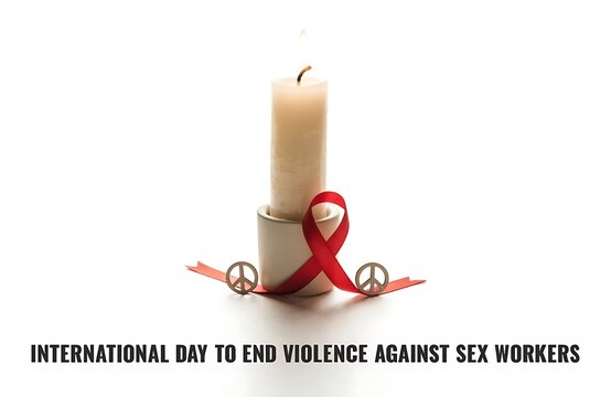 Candle with red awareness ribbon for international day to end violence against sex workers human rights social justice prevention worker still life campaign