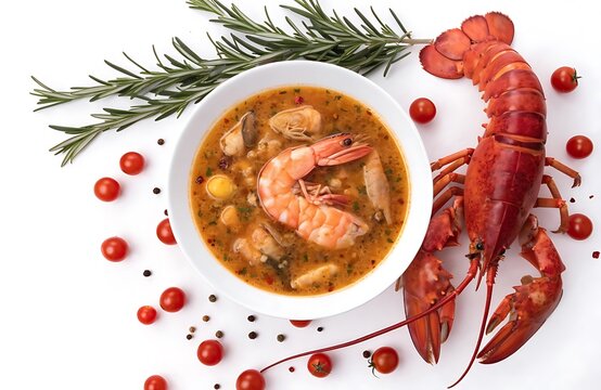 Gourmet seafood soup bowl with fresh lobster and aromatic herbs white background food photography platter dinner party crustacean shellfish delicious culinary restaurant homemade