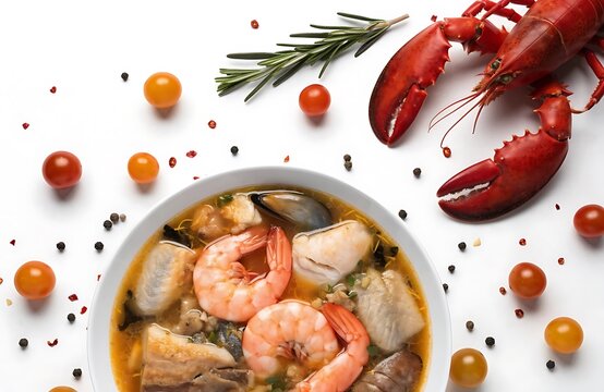 Gourmet seafood soup bowl with fresh lobster and aromatic herbs white background food photography platter dinner party crustacean shellfish delicious culinary restaurant homemade