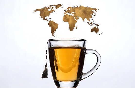 Glass mug of tea with a world map shape silhouette rising from it hot drink white background beverage infusion international lifestyle refreshment transparent caffeine tradition exploration