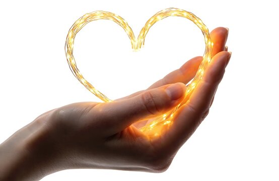 Glowing heart shape held gently in human hand against bright white background with affection kindness illumination positive tenderness relationship dedication devotion conceptual artistic