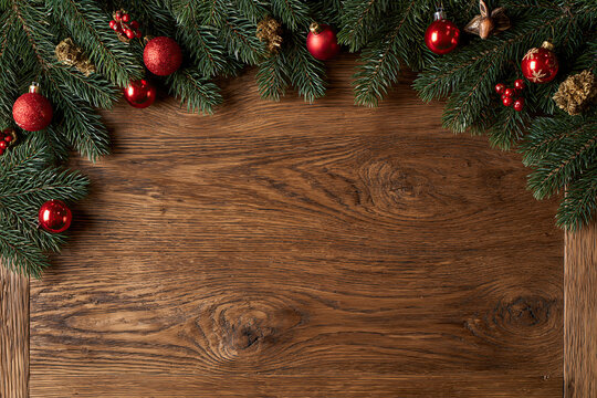 fir branches with red baubles and gold cones on rustic wooden table