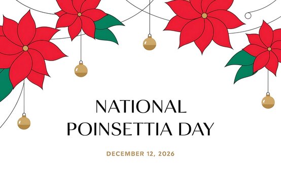 Red poinsettia flowers with golden holiday baubles celebrating national day decor white background flat lay christmas decorations botanical celebration ornament