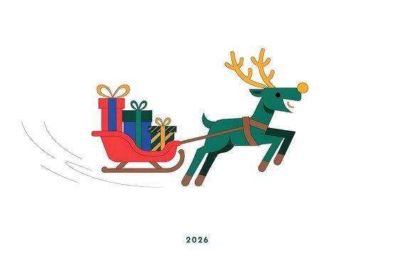 Christmas reindeer pulling a red sleigh filled with wrapped gift boxes white background presents celebration carriage delivery animation illustration minimalist