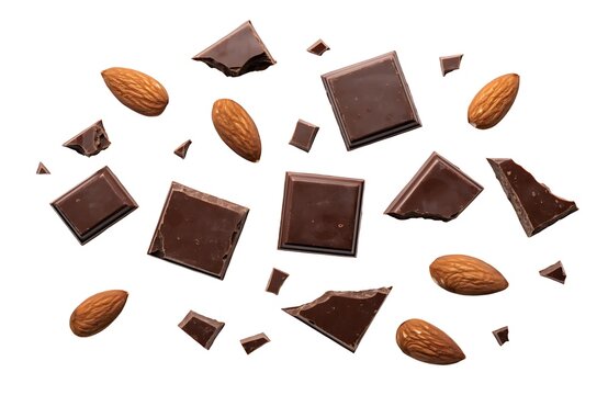 Dark chocolate chunks and organic almond nuts arranged on a white background with flat lay still life culinary art ingredients overhead view top delicious nutrition