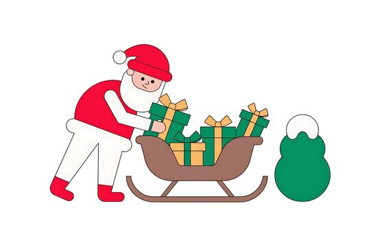 Santa claus packing colorful wrapped christmas gift boxes into a wooden sleigh