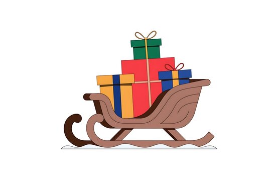 Rustic wooden sleigh carrying stack of colorful wrapped holiday presents against plain background with santa christmas present gift box decoration winter transport carriage
