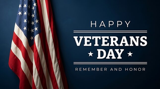 American flag with Happy Veterans Day text on dark blue background for patriotic holiday celebration and memorial tribute to military service members