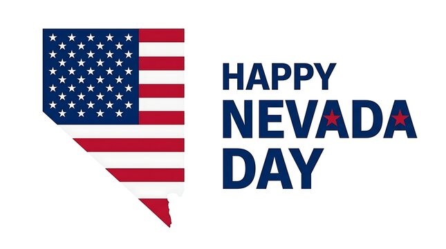 Happy Nevada Day text with state map silhouette filled by American flag pattern on white background for holiday celebration and social media