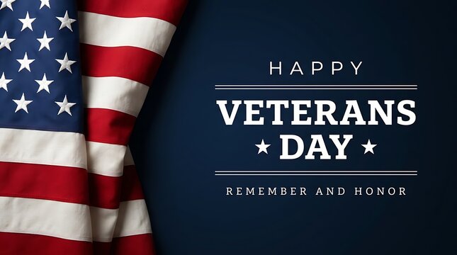 Happy Veterans Day text with American flag on dark blue background for patriotic holiday greeting card or memorial service banner social post