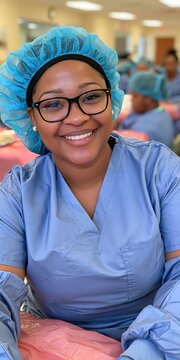 A smiling medical professional wearing blue scrubs and a hair covering poses for the camera.