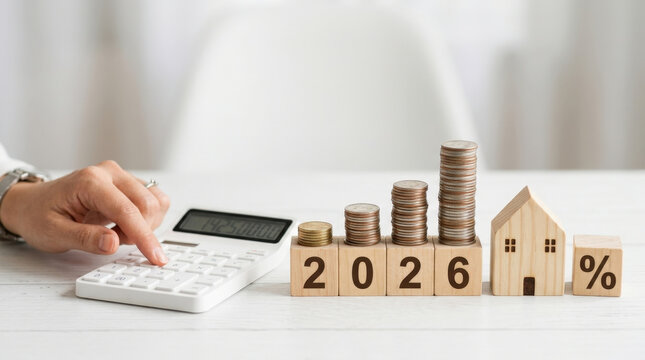 Financial analyst using calculator with stacked coins forming rising growth chart and wooden house model with percentage icon sign.